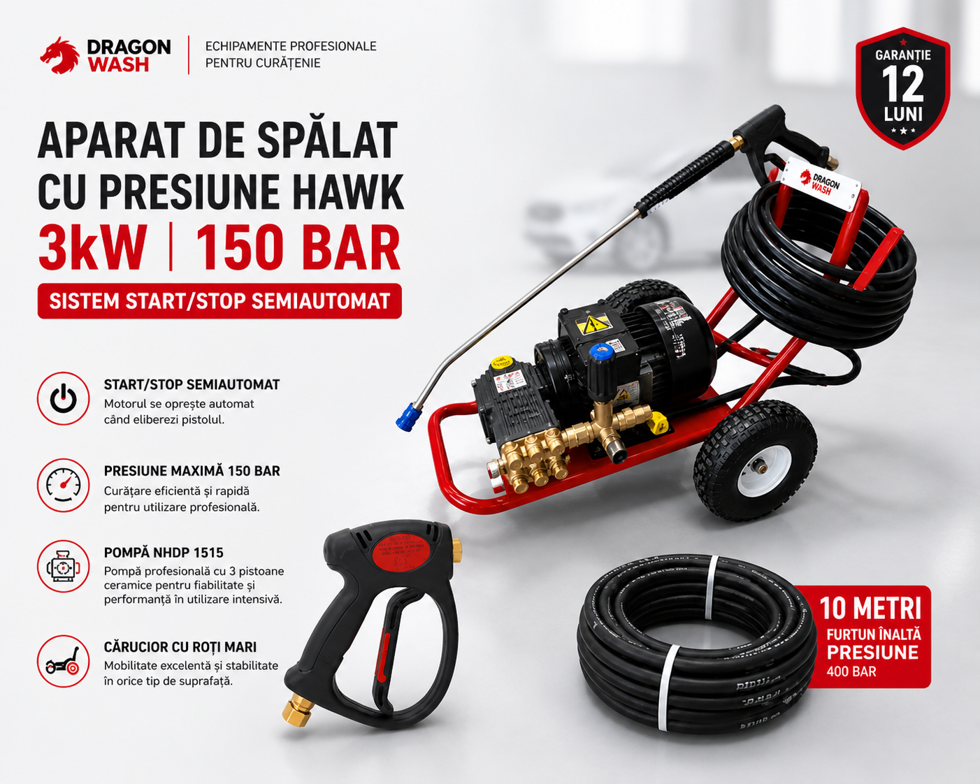 Aparat de spălat cu presiune HAWK 3kW, 150 Bar, pompă NHDP 1515, Start/Stop Dragon Wash