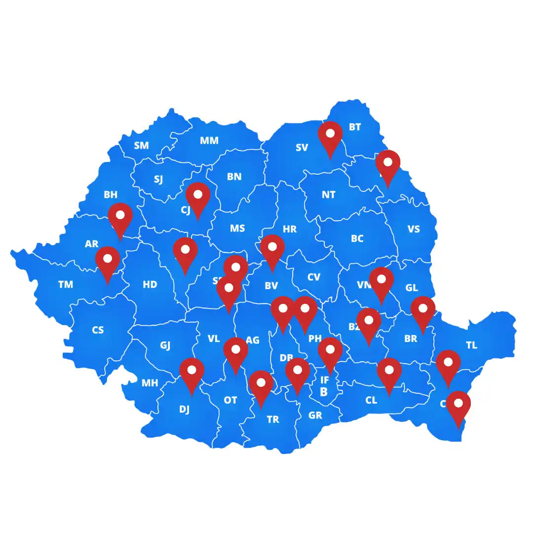Hartă a României cu marcaje de locație răspândite în diferite regiuni.