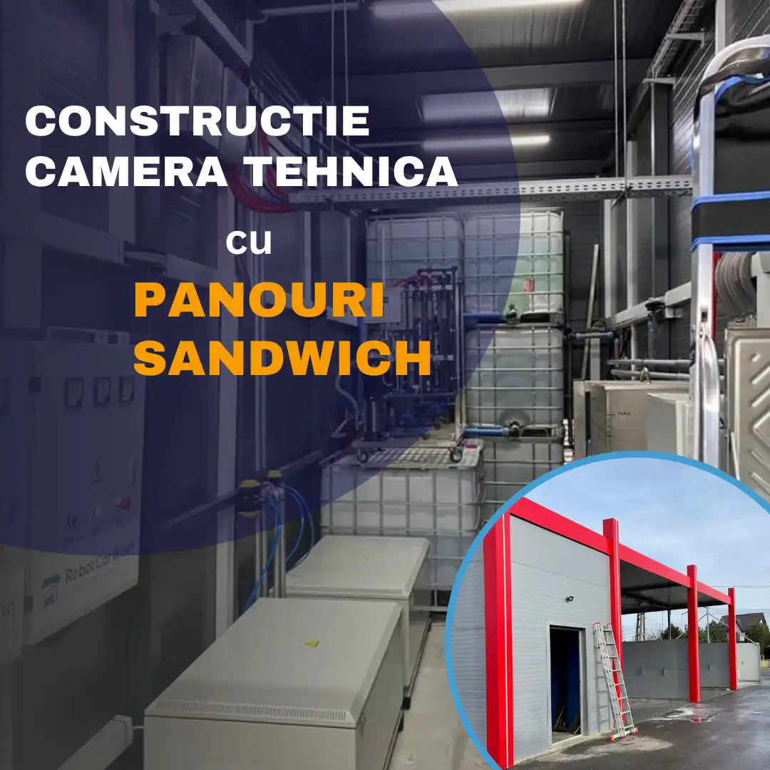 Facilitate industrială cu echipamente tehnice și mașini vizibile, având text despre construcție și panouri sandwich.