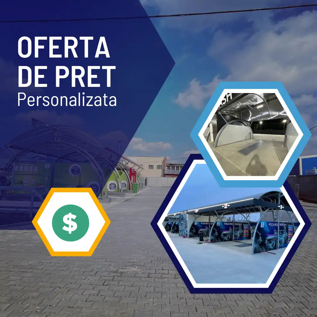 Reclamă pentru oferte de prețuri personalizate, prezentând imagini hexagonale ale echipamentelor industriale și un icon cu semnul dolarului.