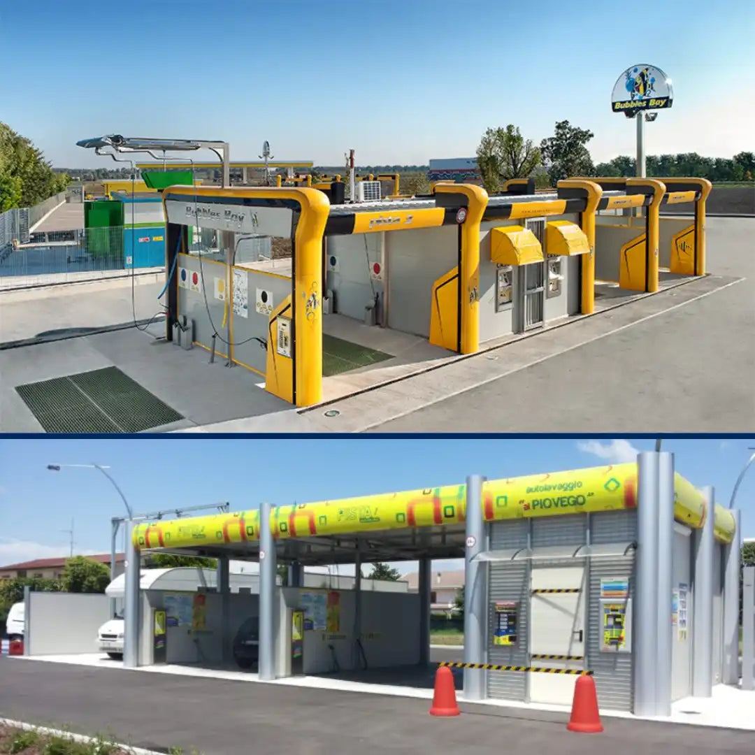 Stații de spălat mașini de tip self-service cu echipamente automate de curățare și sisteme de plată.