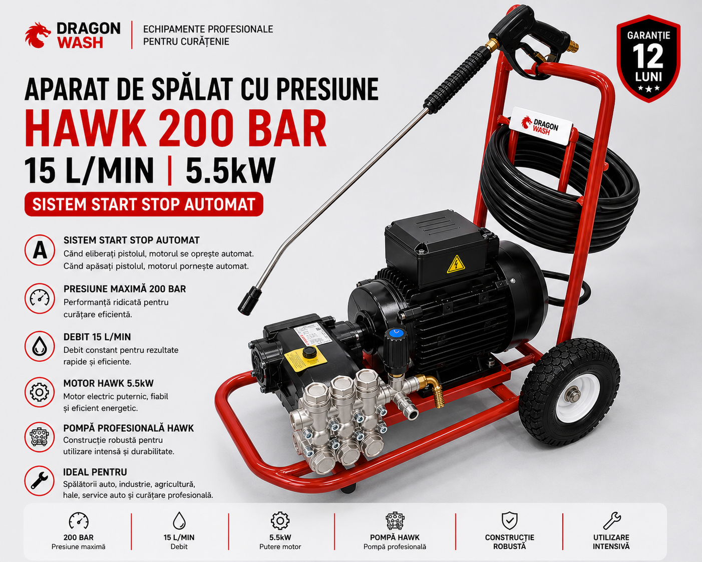 Aparat de spălat cu presiune HAWK 200 Bar 15 L/min 5.5kW Start Stop automat Dragon Wash