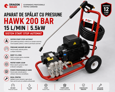 Aparat de spălat cu presiune HAWK 200 Bar 15 L/min 5.5kW Start Stop automat Dragon Wash