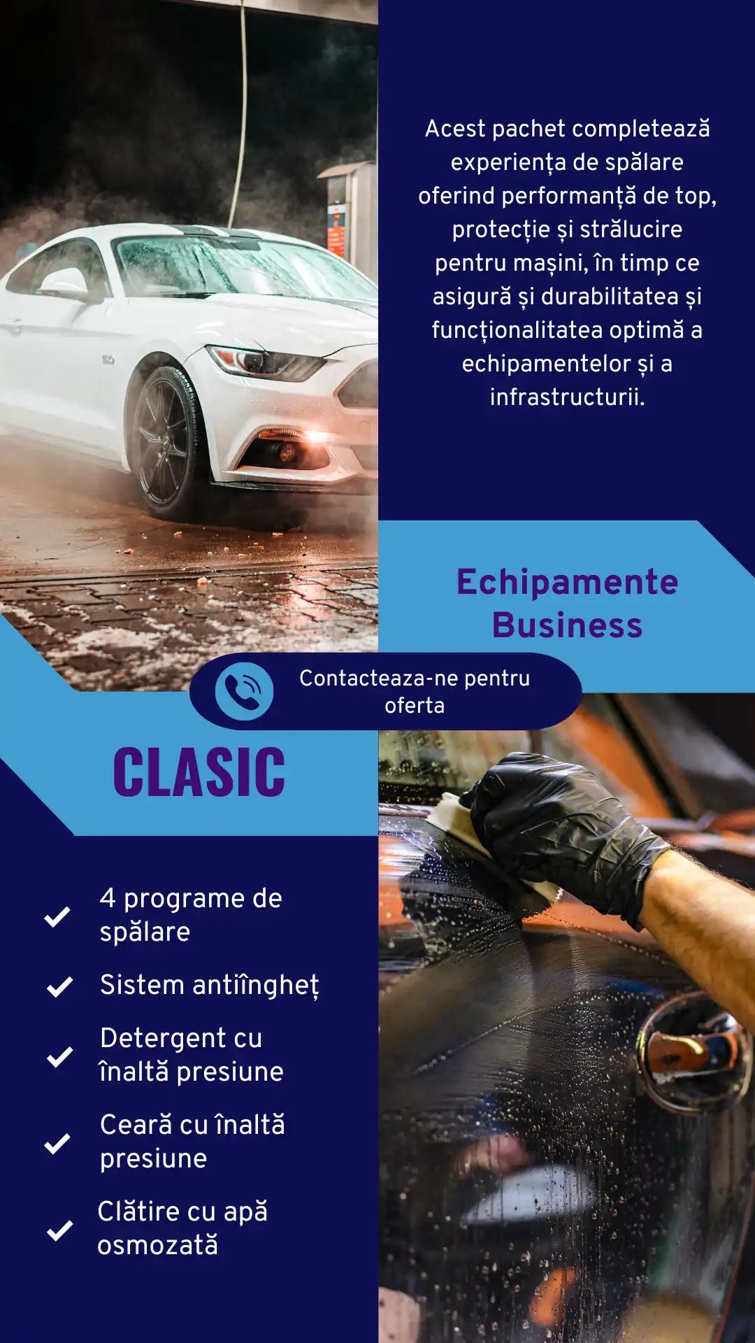 Mașina albă fiind spălată într-o spălătorie auto.