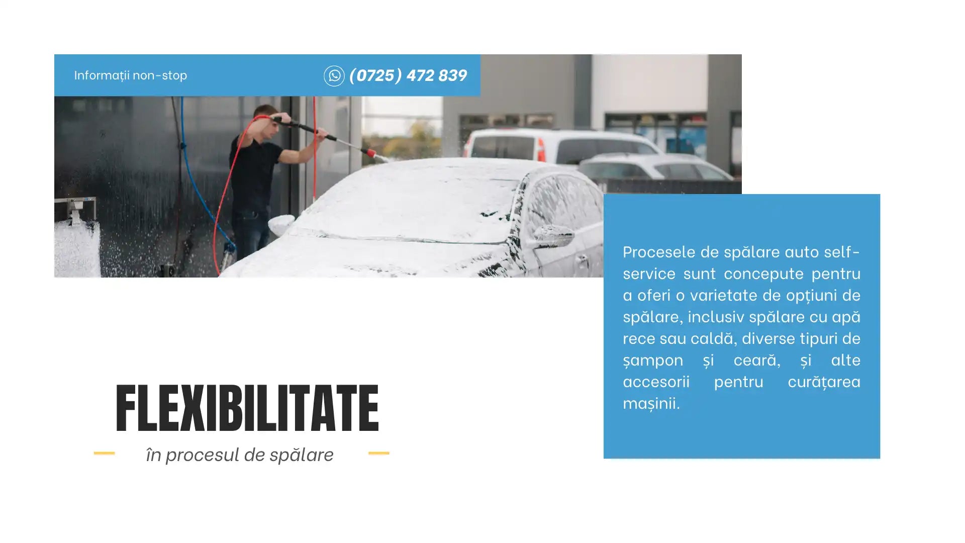 Mașină albă spălată la o stație de spălare auto.
