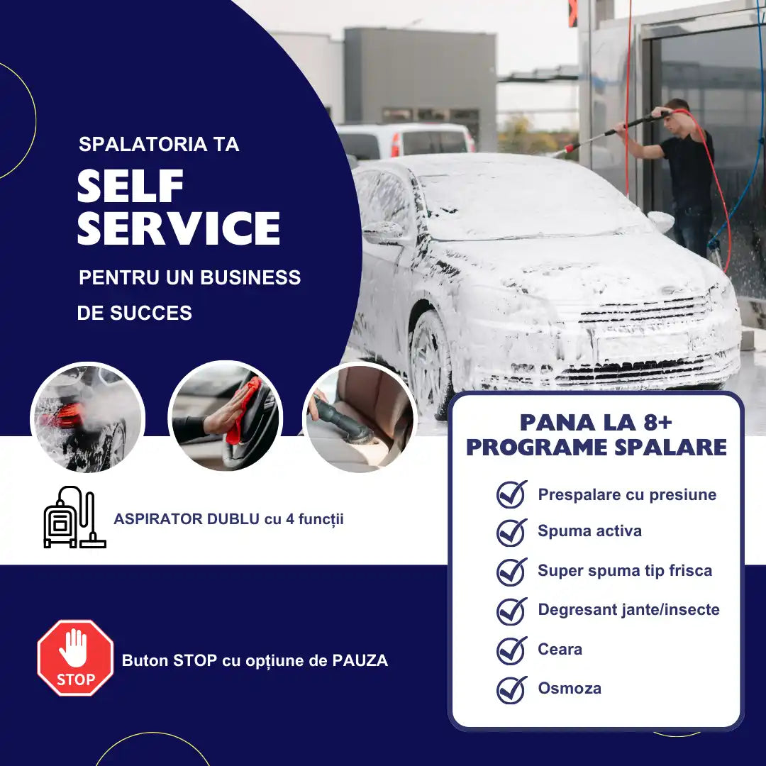 Reclamă pentru facilități și echipamente de spălătorie auto self-service.